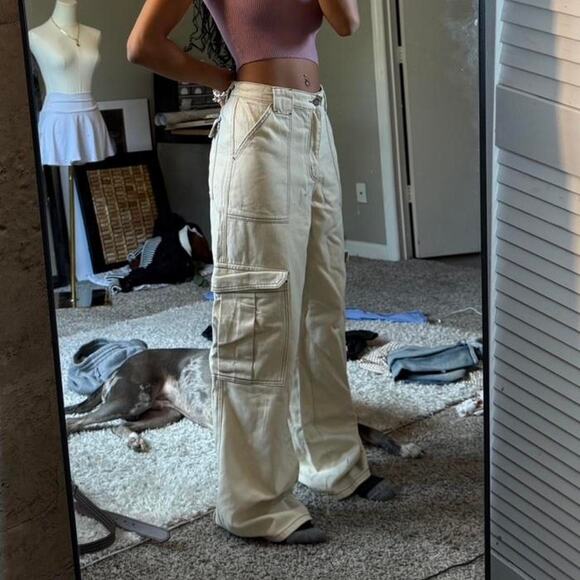 Cream & Tan Wide Leg Cargo Pants - Picture 6 of 8